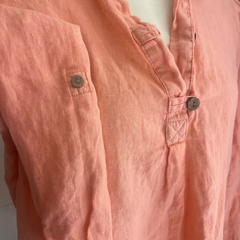 Peach 100% Linen Tunic, natural brown buttons size small - Picture 4 of 10
